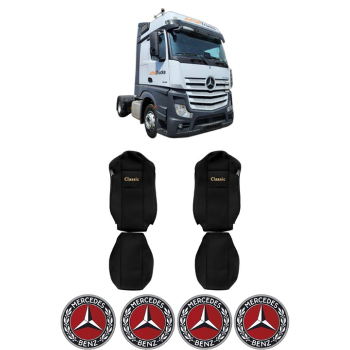 Set Huse Scaune Camion Tir MERCEDES-BENZ ACTROS MP4 / MP5 din 2011-2024, Auto, Model CLASSIC, Culoare Negru, 4x Stickere auto cu MERCEDES-BENZ