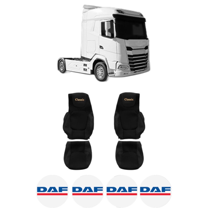 Set Huse Scaune Camion Tir DAF XG+ din 2021, Auto, Model CLASSIC, Culoare Negru, 4x Stickere auto cu DAF