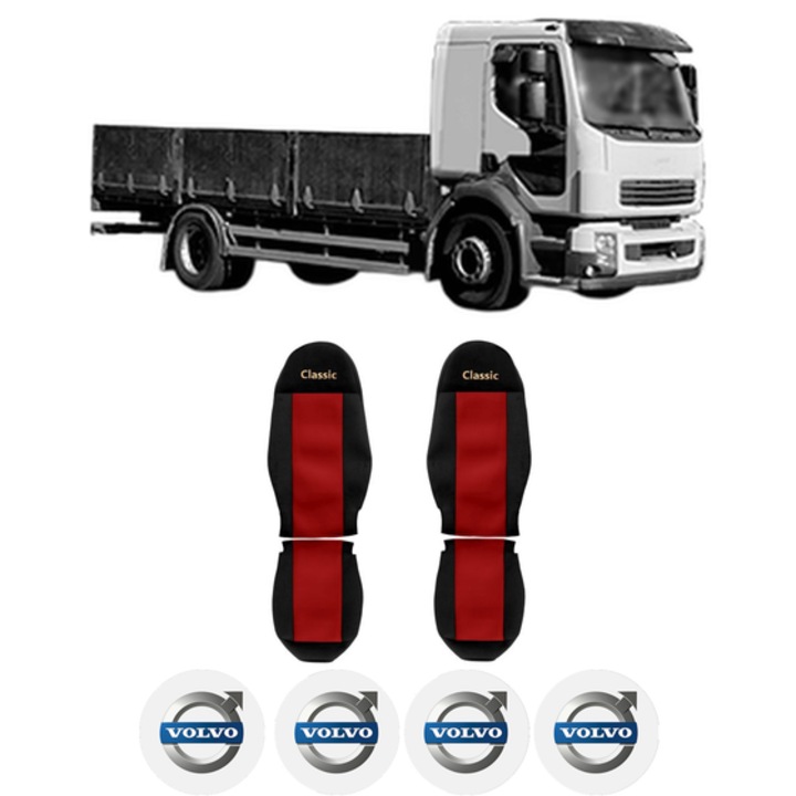 Set Huse Scaune Camion Tir VOLVO FL II din 2006-2009, Auto, Model CLASSIC, Culoare Rosu, 4x Stickere auto cu VOLVO