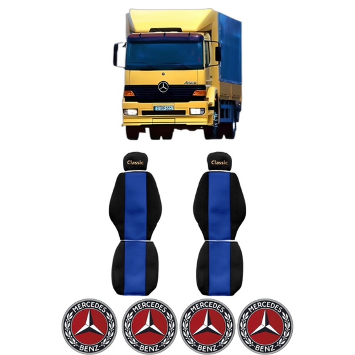 Set Huse Scaune Camion Tir MERCEDES-BENZ ATEGO din 1998-2004, Auto, Model CLASSIC, Culoare Albastru, 4x Stickere auto cu MERCEDES-BENZ