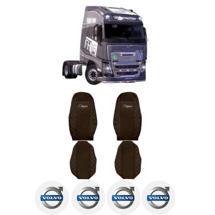 Set Huse Scaune Camion Tir VOLVO FH16 II din 2012-2014, Auto, Model ELEGANCE Q, Culoare Maro, 4x Stickere auto cu VOLVO