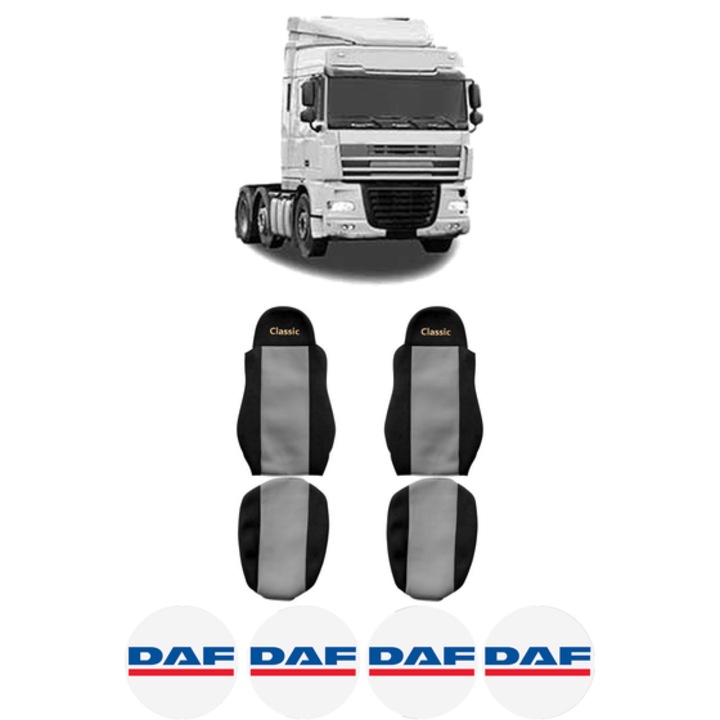 Set Huse Scaune Camion Tir DAF XF 105 din 2005-2013, Auto, Model CLASSIC, Culoare Gri, 4x Stickere auto cu DAF