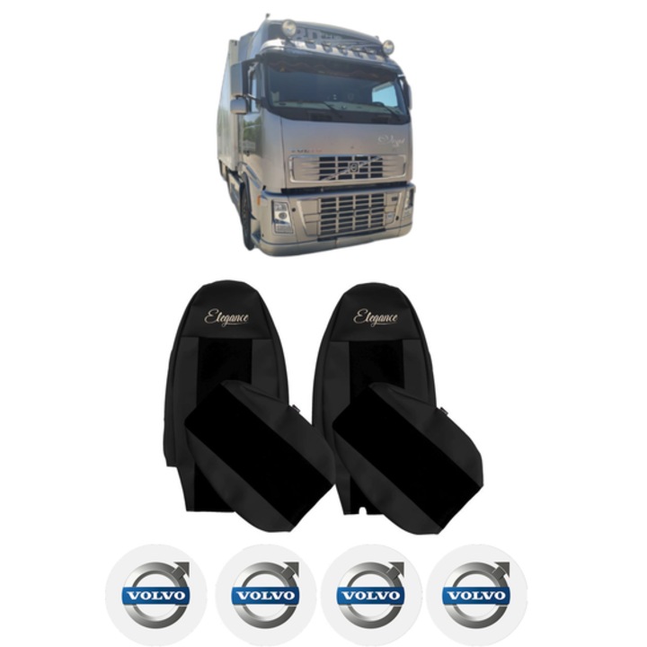 Set Huse Scaune Camion Tir VOLVO FH16 din 1993-2012, Auto, Model ELEGANCE S, Culoare Negru, 4x Stickere auto cu VOLVO