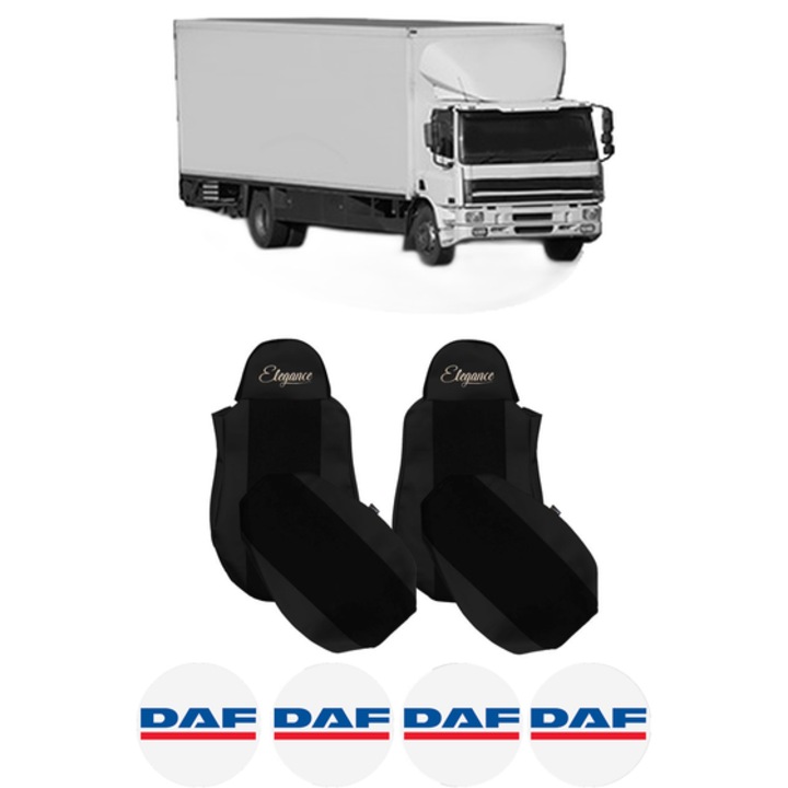 Set Huse Scaune Camion Tir DAF CF 75 din 2001-2013, Auto, Model ELEGANCE S, Culoare Negru, 4x Stickere auto cu DAF