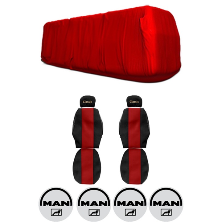 Set Huse Scaune Camion Tir MAN L2000 din 1993-2007, Auto, Model CLASSIC, Culoare Rosu, 4x Stickere auto cu MAN