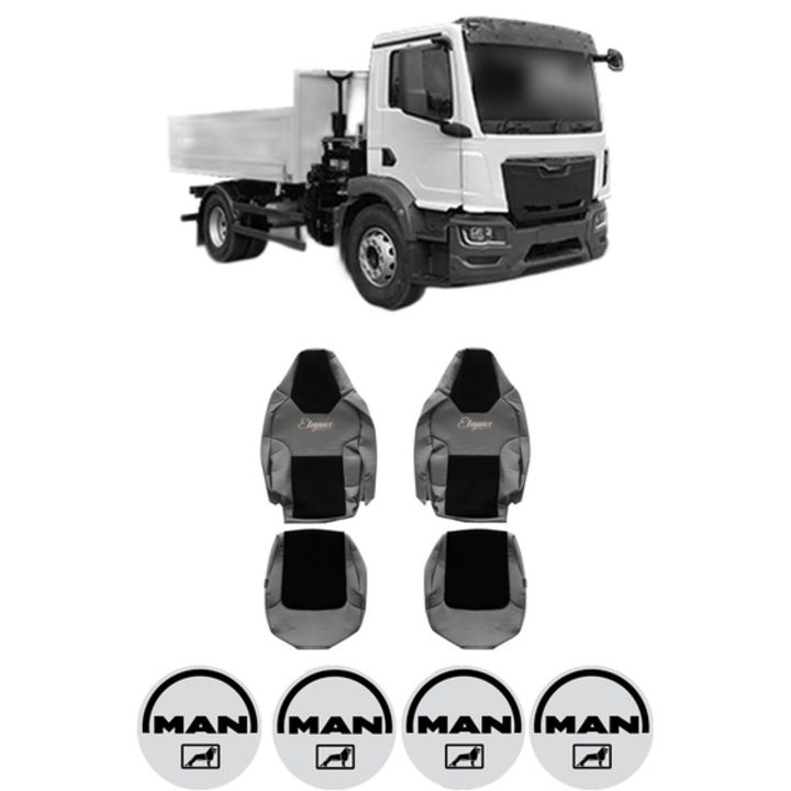 Set Huse Scaune Camion Tir MAN TGM II din 2020, Auto, Model ELEGANCE S, Culoare Gri, 4x Stickere auto cu MAN