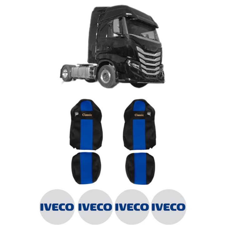 Set Huse Scaune Camion Tir IVECO S-WAY din 2019-2023, Auto, Model CLASSIC, Culoare Albastru, 4x Stickere auto cu IVECO