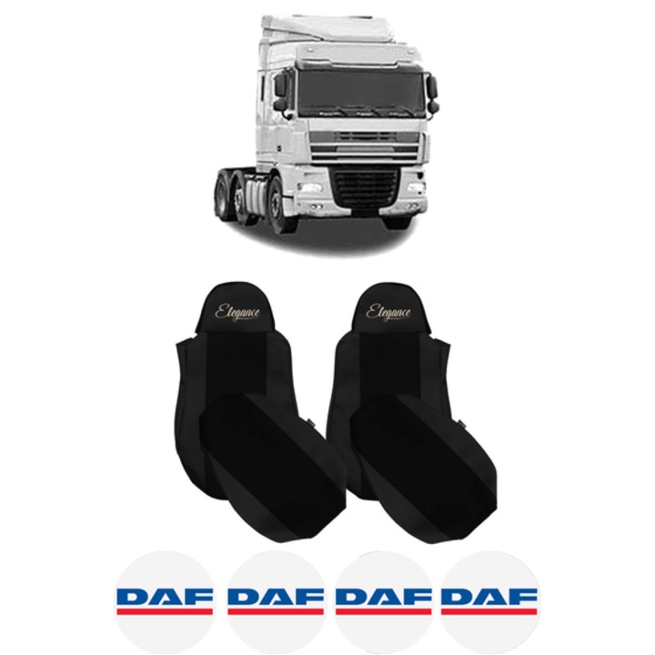 Set Huse Scaune Camion Tir DAF XF 105 din 2005-2013, Auto, Model ELEGANCE S, Culoare Negru, 4x Stickere auto cu DAF