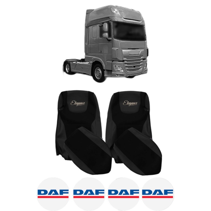 Set Huse Scaune Camion Tir DAF XF 106 din 2012-2017, Auto, Model ELEGANCE S, Culoare Negru, 4x Stickere auto cu DAF