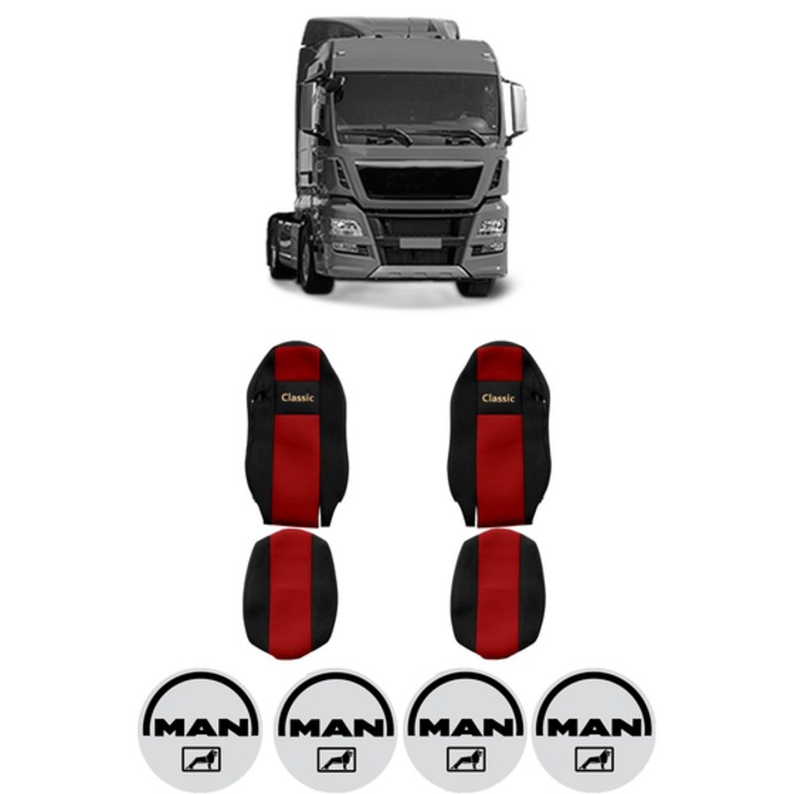 Set Huse Scaune Camion Tir MAN TGX I din 2006-2021, Auto, Model CLASSIC, Culoare Rosu, 4x Stickere auto cu MAN