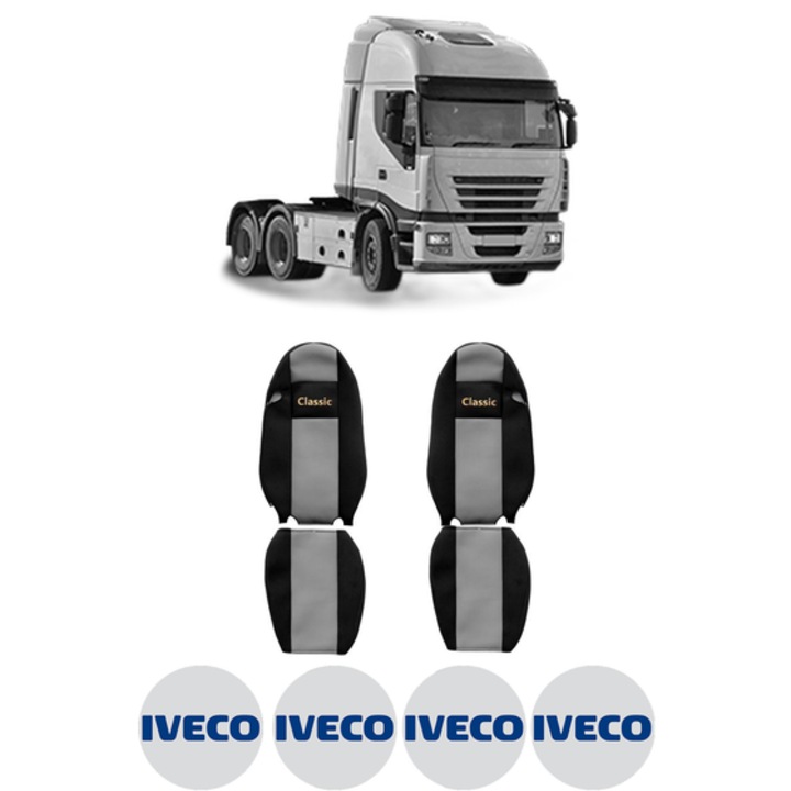 Set Huse Scaune Camion Tir IVECO STRALIS II din 2012-2017, Auto, Model CLASSIC, Culoare Gri, 4x Stickere auto cu IVECO
