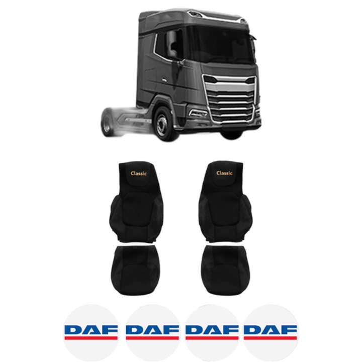 Set Huse Scaune Camion Tir DAF XF II din 2021-2023, Auto, Model CLASSIC, Culoare Negru, 4x Stickere auto cu DAF