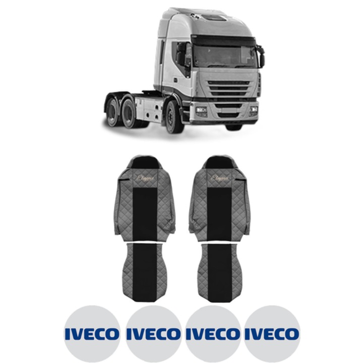 Set Huse Scaune Camion Tir IVECO STRALIS II din 2012-2017, Auto, Model ELEGANCE Q, Culoare Gri, 4x Stickere auto cu IVECO