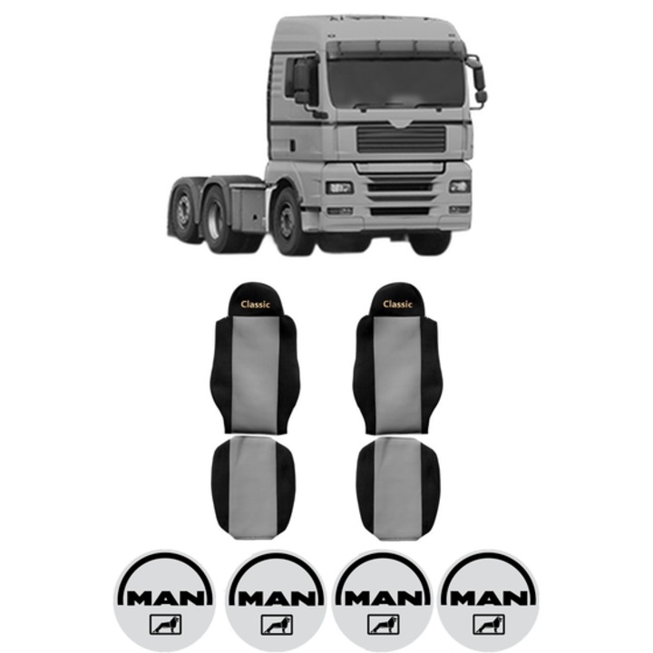 Set Huse Scaune Camion Tir MAN TGA din 1999-2012, Auto, Model CLASSIC, Culoare Gri, 4x Stickere auto cu MAN