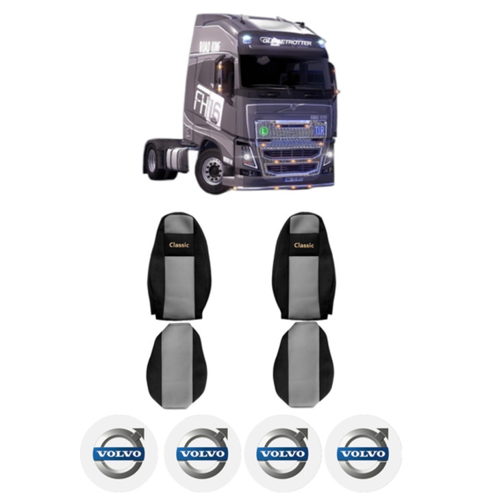 Set Huse Scaune Camion Tir VOLVO FH16 II din 2012-2014, Auto, Model CLASSIC, Culoare Gri, 4x Stickere auto cu VOLVO