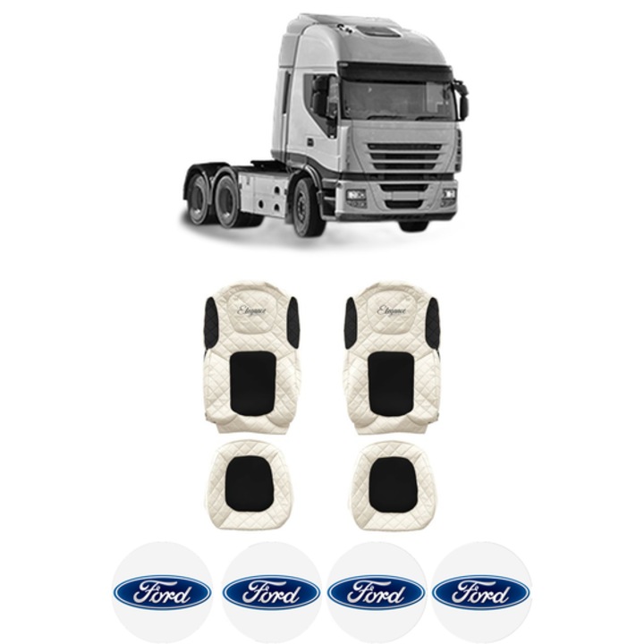 Set Huse Scaune Camion Tir FORD STRALIS II din 2012-2017, Auto, Model ELEGANCE Q, Culoare Sampanie, 4x Stickere auto cu FORD