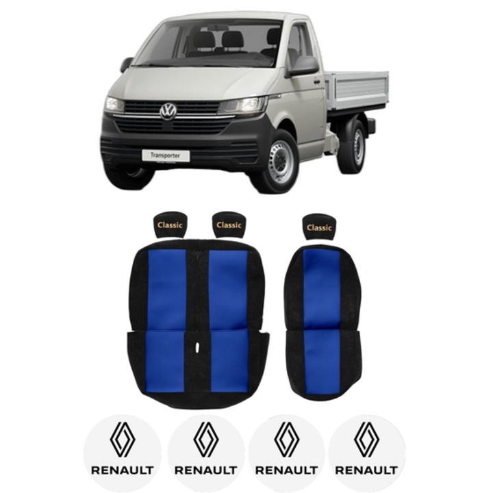 Set Huse Scaune Camion Tir RENAULT TRANSPORTER T5 Platform/Chassis (7JD, 7JE, 7JL, 7JY, 7JZ, 7F din 2003-2015, Auto, Model CLASSIC, Culoare Rosu, 4x Stickere auto cu RENAULT