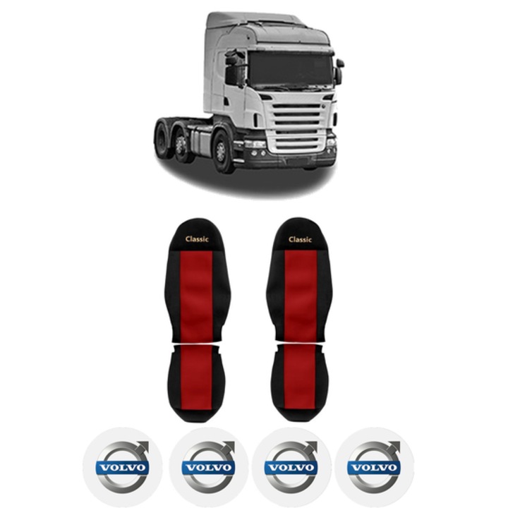 Set Huse Scaune Camion Tir VOLVO 4 - series din 1995-2008, Auto, Model CLASSIC, Culoare Rosu, 4x Stickere auto cu VOLVO