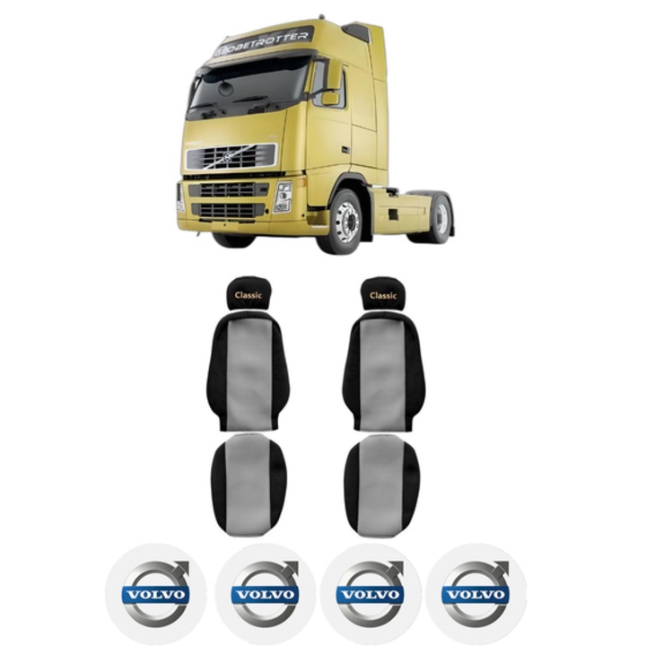 Set Huse Scaune Camion Tir VOLVO FH din 2005-2009, Auto, Model CLASSIC, Culoare Gri, 4x Stickere auto cu VOLVO