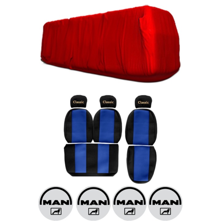 Set Huse Scaune Camion Tir MAN L2000 din 1993-2007, Auto, Model CLASSIC, Culoare Albastru, 4x Stickere auto cu MAN