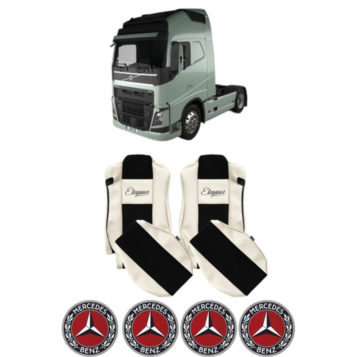 Set Huse Scaune Camion Tir MERCEDES-BENZ FH II din 2012-2017, Auto, Model ELEGANCE S, Culoare Sampanie, 4x Stickere auto cu MERCEDES-BENZ
