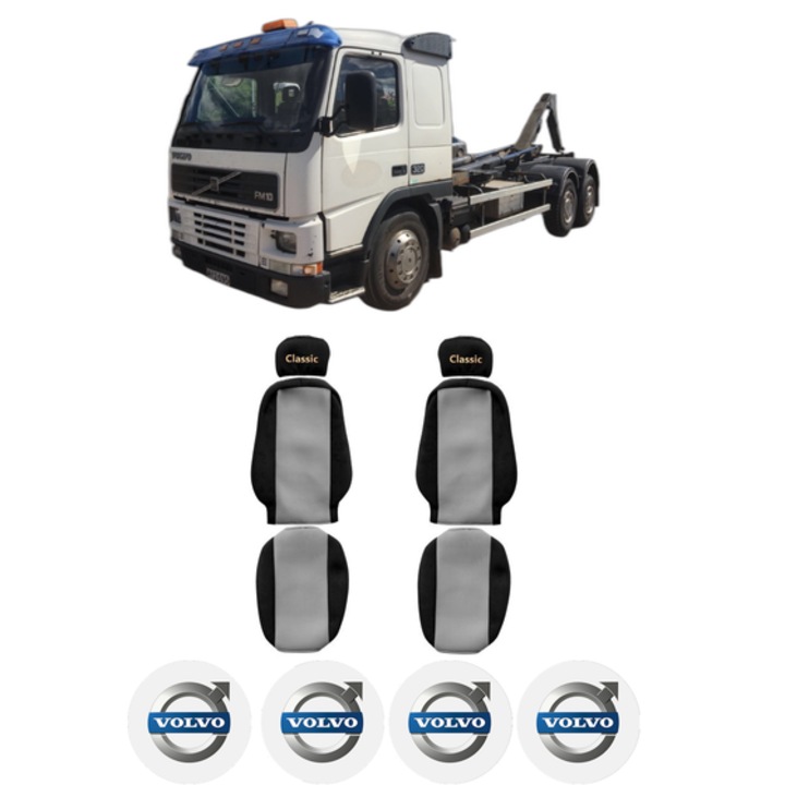 Set Huse Scaune Camion Tir VOLVO FM10 din 1999-2001, Auto, Model CLASSIC, Culoare Gri, 4x Stickere auto cu VOLVO