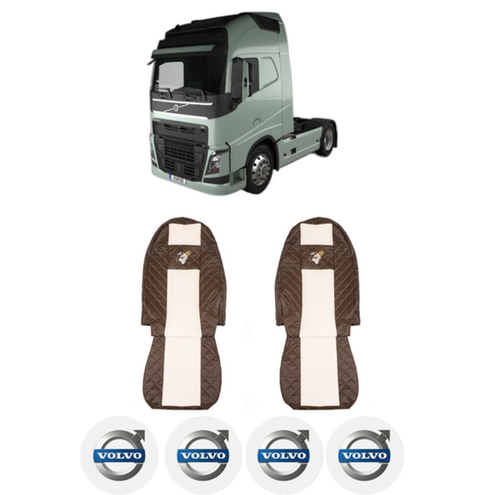 Set Huse Scaune Camion Tir VOLVO FH II din 2012-2017, Auto, Model ELEGANCE Q, Culoare Bej, 4x Stickere auto cu VOLVO