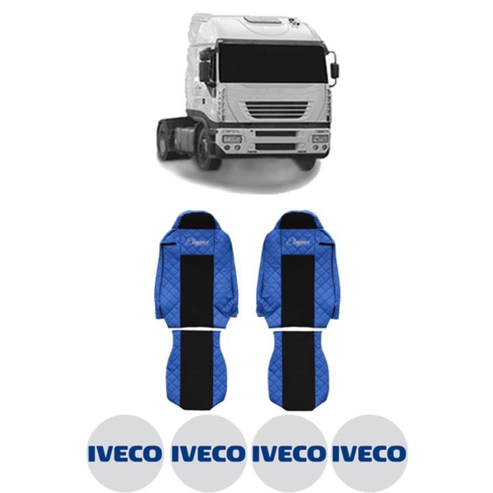 Set Huse Scaune Camion Tir IVECO STRALIS I din 2002-2013, Auto, Model ELEGANCE Q, Culoare Albastru, 4x Stickere auto cu IVECO
