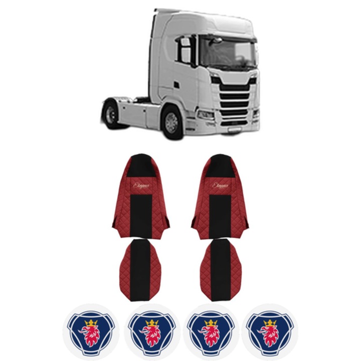 Set Huse Scaune Camion Tir SCANIA S din 2016-2023, Auto, Model ELEGANCE Q, Culoare Rosu, 4x Stickere auto cu SCANIA