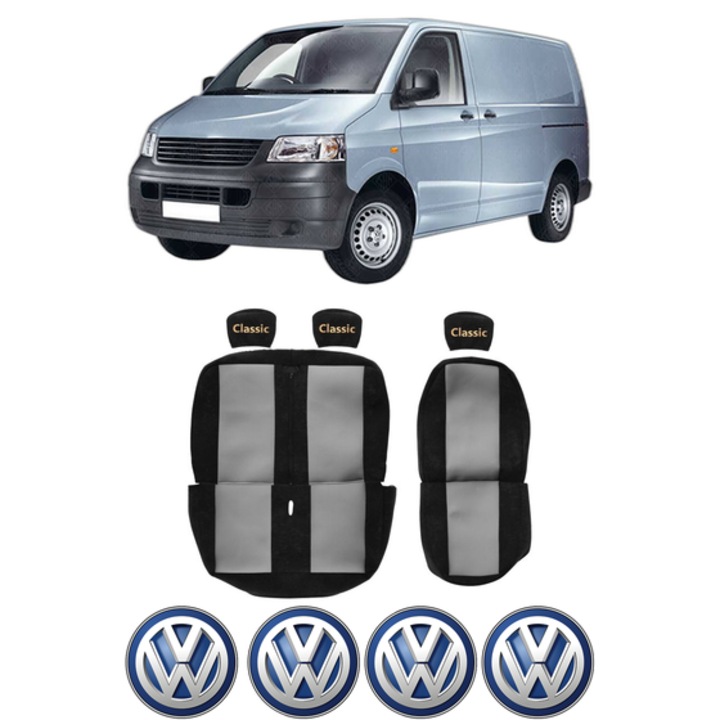 Set Huse Scaune Camion Tir VW TRANSPORTER T5 Van (7HA, 7HH, 7EA, 7EH) din 2003-2015, Auto, Model CLASSIC, Culoare Rosu, 4x Stickere auto cu VW