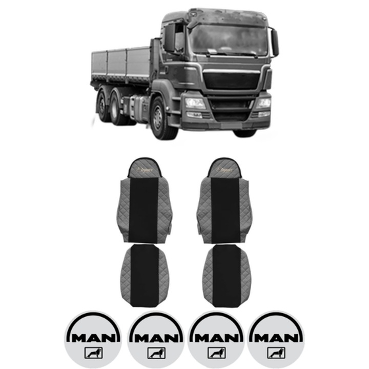 Set Huse Scaune Camion Tir MAN TGS I din 2005-2022, Auto, Model ELEGANCE Q, Culoare Gri, 4x Stickere auto cu MAN