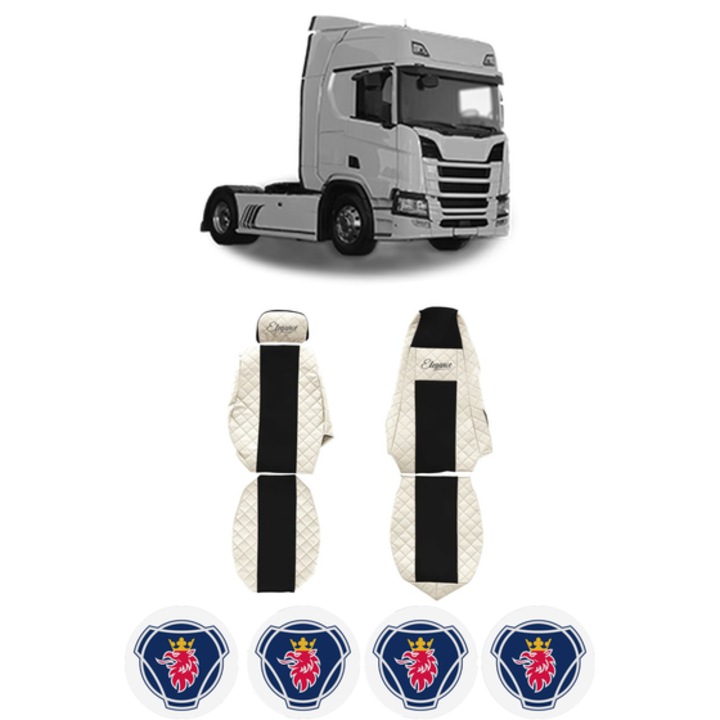 Set Huse Scaune Camion Tir SCANIA R II din 2016-2024, Auto, Model ELEGANCE Q, Culoare Bej, 4x Stickere auto cu SCANIA
