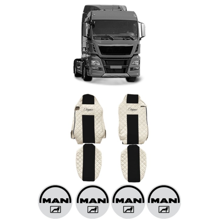 Set Huse Scaune Camion Tir MAN TGX I din 2006-2021, Auto, Model ELEGANCE Q, Culoare Bej, 4x Stickere auto cu MAN