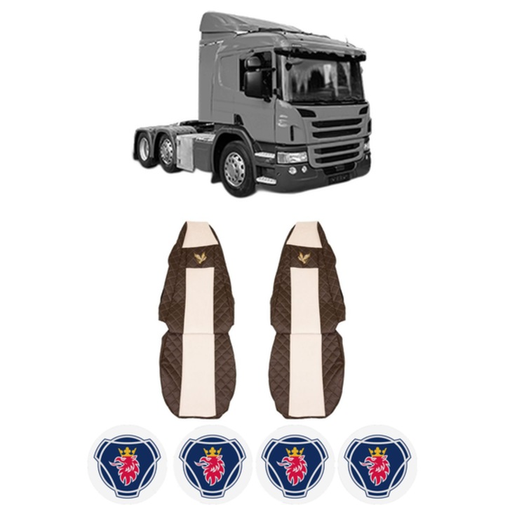 Set Huse Scaune Camion Tir SCANIA P I din 2003-2019, Auto, Model ELEGANCE Q, Culoare Bej, 4x Stickere auto cu SCANIA