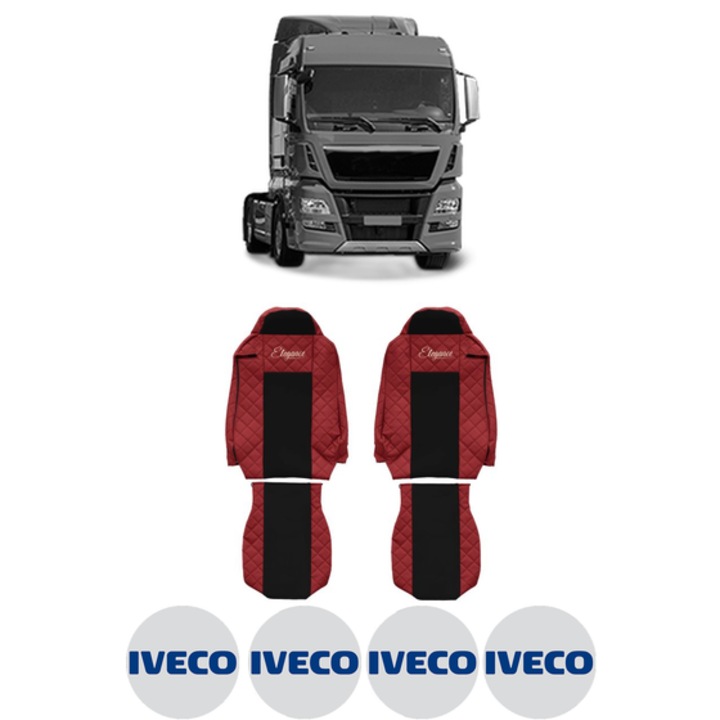 Set Huse Scaune Camion Tir IVECO TGX I din 2006-2021, Auto, Model ELEGANCE Q, Culoare Rosu, 4x Stickere auto cu IVECO