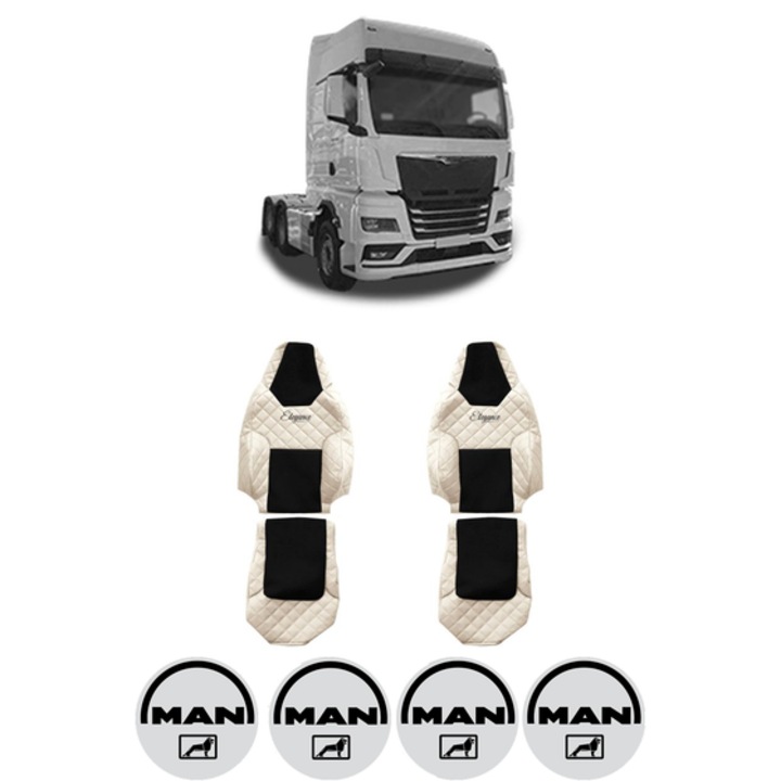Set Huse Scaune Camion Tir MAN TGX II din 2020, Auto, Model ELEGANCE Q, Culoare Sampanie, 4x Stickere auto cu MAN