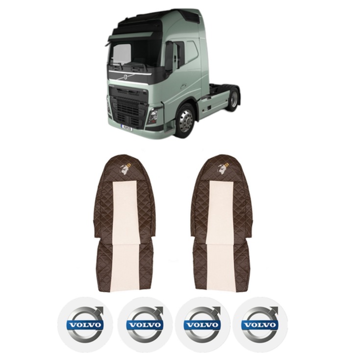 Set Huse Scaune Camion Tir VOLVO FH II din 2012-2017, Auto, Model ELEGANCE Q, Culoare Bej, 4x Stickere auto cu VOLVO