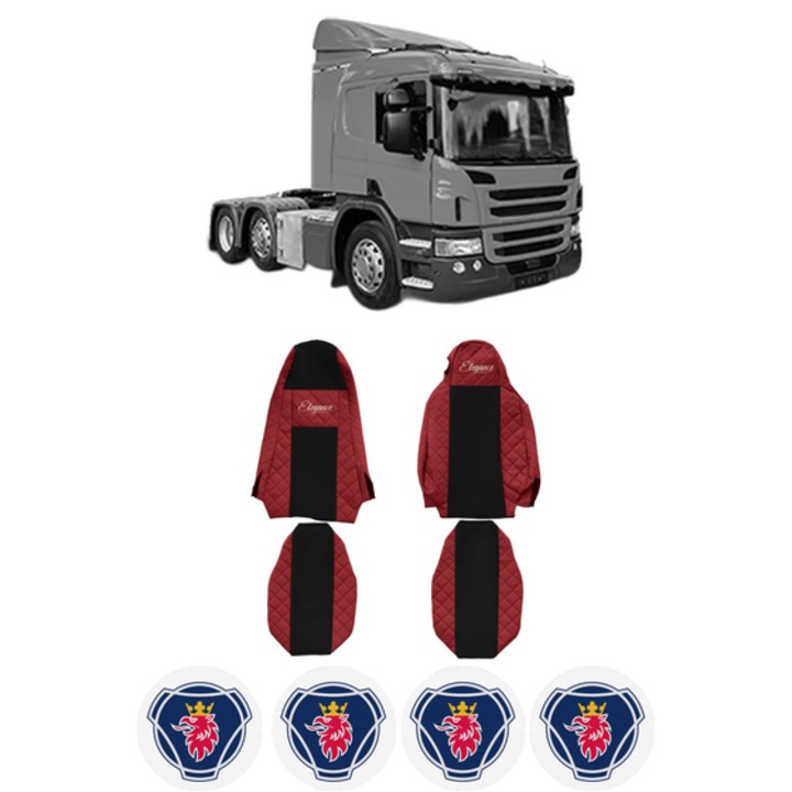 Set Huse Scaune Camion Tir SCANIA P I din 2003-2019, Auto, Model ELEGANCE Q, Culoare Rosu, 4x Stickere auto cu SCANIA
