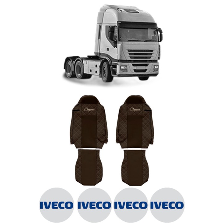 Set Huse Scaune Camion Tir IVECO STRALIS II din 2012-2017, Auto, Model ELEGANCE Q, Culoare Maro, 4x Stickere auto cu IVECO