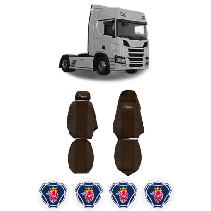 Set Huse Scaune Camion Tir SCANIA R II din 2016-2024, Auto, Model ELEGANCE Q, Culoare Maro, 4x Stickere auto cu SCANIA