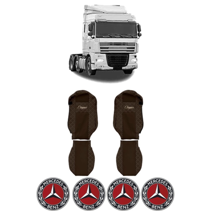 Set Huse Scaune Camion Tir MERCEDES-BENZ XF 105 din 2005-2013, Auto, Model ELEGANCE Q, Culoare Maro, 4x Stickere auto cu MERCEDES-BENZ