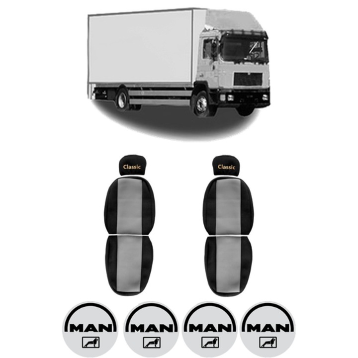 Set Huse Scaune Camion Tir MAN F2000 din 1994-2005, Auto, Model CLASSIC, Culoare Gri, 4x Stickere auto cu MAN