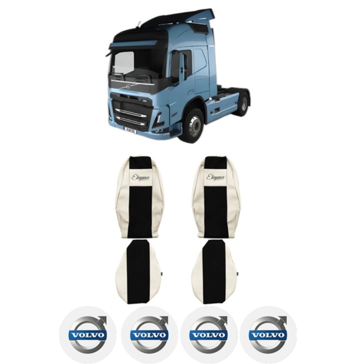 Set Huse Scaune Camion Tir VOLVO FM III din 2020-2022, Auto, Model ELEGANCE S, Culoare Sampanie, 4x Stickere auto cu VOLVO