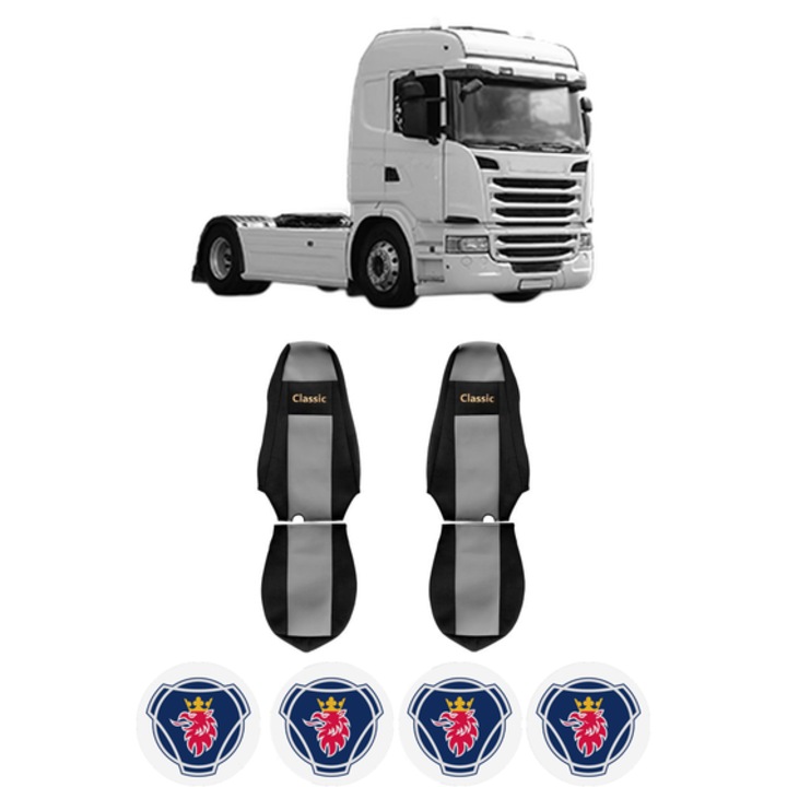 Set Huse Scaune Camion Tir SCANIA G I din 2003-2019, Auto, Model CLASSIC, Culoare Gri, 4x Stickere auto cu SCANIA