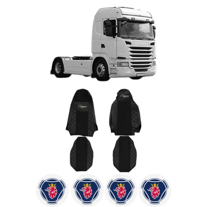 Set Huse Scaune Camion Tir SCANIA G I din 2003-2019, Auto, Model ELEGANCE Q, Culoare Negru, 4x Stickere auto cu SCANIA