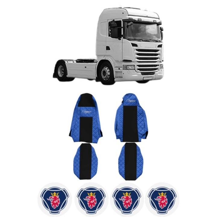 Set Huse Scaune Camion Tir SCANIA G I din 2003-2019, Auto, Model ELEGANCE Q, Culoare Albastru, 4x Stickere auto cu SCANIA