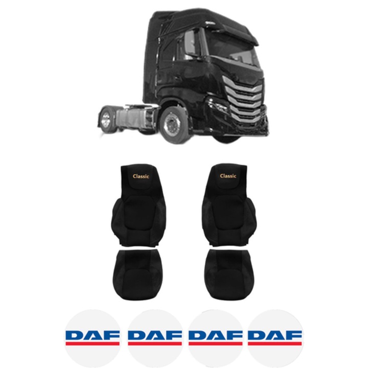 Set Huse Scaune Camion Tir DAF S-WAY din 2019-2023, Auto, Model CLASSIC, Culoare Negru, 4x Stickere auto cu DAF