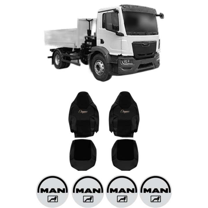 Set Huse Scaune Camion Tir MAN TGM II din 2020, Auto, Model ELEGANCE S, Culoare Negru, 4x Stickere auto cu MAN