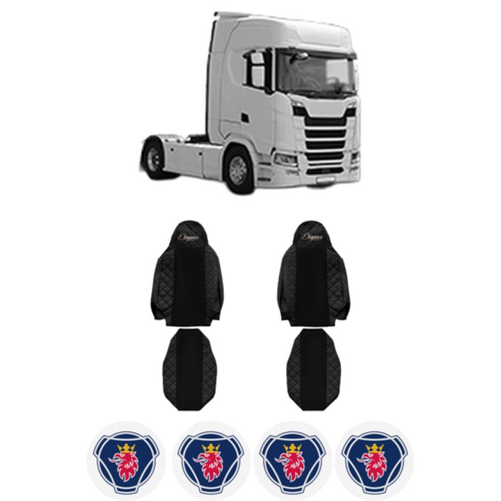 Set Huse Scaune Camion Tir SCANIA S din 2016-2023, Auto, Model ELEGANCE Q, Culoare Negru, 4x Stickere auto cu SCANIA