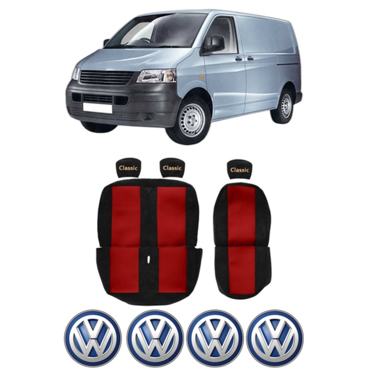 Set Huse Scaune Camion Tir VW TRANSPORTER T5 Van (7HA, 7HH, 7EA, 7EH) din 2003-2015, Auto, Model CLASSIC, Culoare Rosu, 4x Stickere auto cu VW